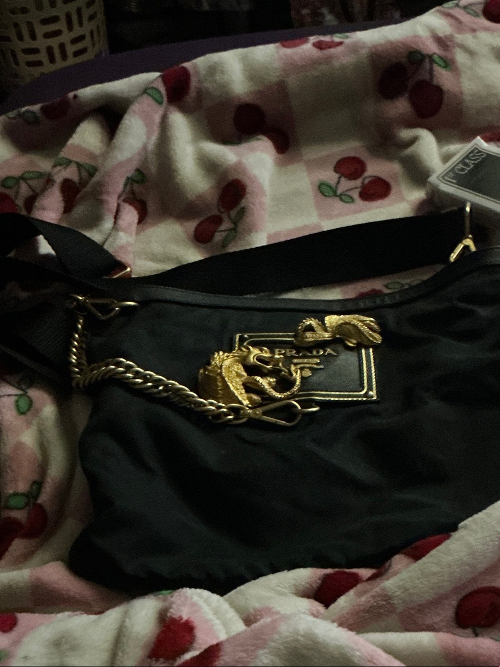 Prada Black Nylon Key & Card Holder with Gold Chain Accent